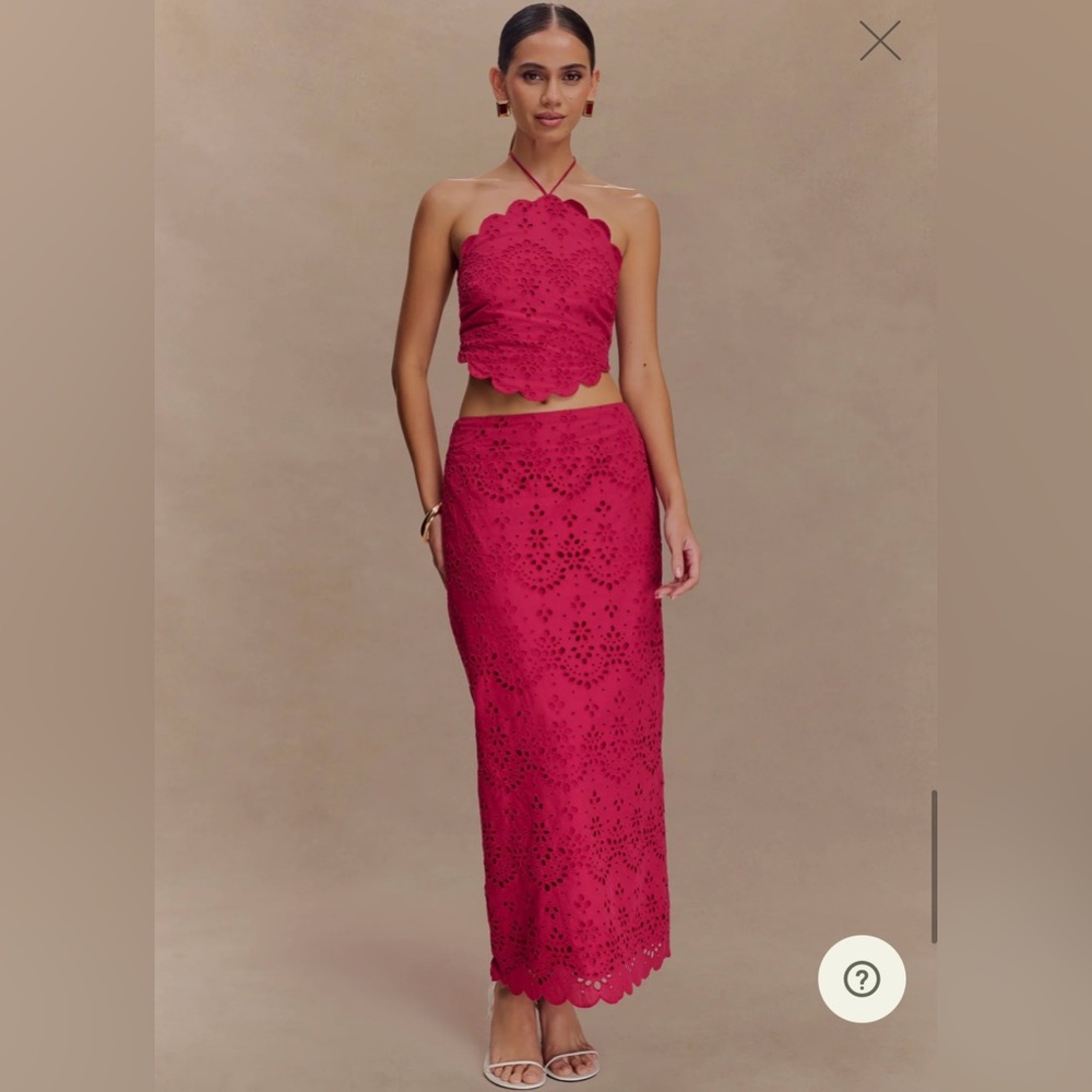 Meshki Kensley Broderie Halter Top (M) and Midi Skirt (S) in Dragonfruit